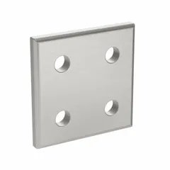 This square flat plate connector is made of anodized aluminum and measures 38 mm x 38 mm x 4 mm. It features four holes and is designed for use with 5 mm slot width in 40 Series structural framing systems. The gray finish provides corrosion resistance. Typical applications include joining profiles in industrial framing, machine guards, workstations, and conveyor systems.