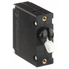 This front panel-mount miniature circuit breaker features a toggle actuator and threaded insert mounting. Rated for 15 A at 277 V AC or 80 V DC, it provides overcurrent protection in control panels, HVAC equipment, and power distribution systems. Terminals are 1/4 in tab type; overall depth is 2.12 in.