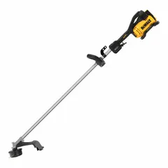 This battery-powered string trimmer features a 17-1/2 in cutting width and a straight shaft. The brushless motor provides efficient operation for trimming grass and weeds. It is not capable of accepting attachments.
