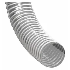 This clear thermoplastic urethane duct hose is designed for conveying wood chips and plastic pellets in material-handling systems. It has a 3 1/2 in inside diameter, 25 ft length, 5 psi pressure rating, 3.5 in bend radius, and operates from -40° to 250°F. The transparent construction allows visual monitoring of material flow.