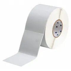 Thermal transfer precut label roll measuring 4 in x 4 in, made of rubber with an aggressive permanent adhesive. Contains 1,000 labels per roll. Compatible with THT printer series. Suitable for industrial identification and asset tracking on rough, oily, or curved surfaces.