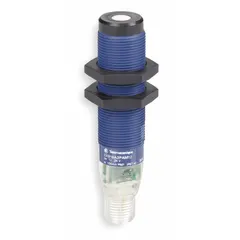 Cylindrical ultrasonic sensor with M18 threaded body and built-in 4-pin M12 connector. NPN output, supply voltage 10-28V DC. Used for non-contact object detection, level measurement, and distance sensing in industrial automation.