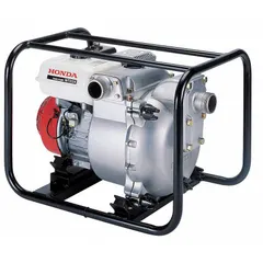 Engine-driven trash pump with a 4 4/5 hp HONDA recoil-start engine. Cast iron/stainless steel volute, 2 in MNPT inlet and outlet, delivers 162 gpm at 20 ft of head. Kit includes hose clamps and strainer. Suitable for dewatering applications such as construction sites, farms, and flood control, handling water with solids up to 1 inch.