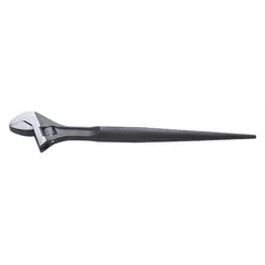 This adjustable spud wrench is constructed from alloy steel with a black oxide finish. It features a 1-5/8 in head size, 0 in offset, and 13/16 in head thickness. Commonly used for aligning bolt holes in structural steel and piping flanges during assembly.