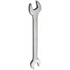 This metric double-end open end wrench is made of alloy steel with a satin finish. It features 18 mm and 19 mm head sizes and a 9-inch overall length. Suitable for tightening or loosening nuts and bolts in industrial maintenance, automotive repair, and mechanical assembly.