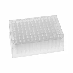 This 96-well plate is made of colorless polystyrene with round wells, each 2 mL capacity and 8.53 mm diameter. It is RNase/DNase free, suitable for molecular biology applications such as sample storage, PCR, and sequencing where nucleic acid integrity is required.
