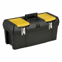 STANLEY Tool Box: 23 1/2 in W 11 3/8 in D 10 15/16 in H, Plastic, Black, Hinged Lid, Padlock (MPN 024013S)
