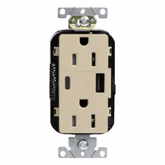 This hospital-grade duplex receptacle combines a 5-15R 125V AC 15 A outlet with integrated USB Type A and C charging ports. Finished in ivory, it is suitable for healthcare facilities and commercial environments where reliable power and device charging are required.