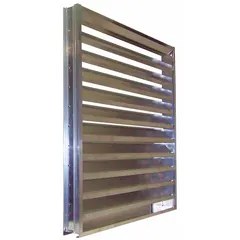 Extruded aluminum drainable louver with stationary blades and hat channel design. Recess mount configuration. Maximum air velocity 3500 fpm. Suitable for intake applications in commercial and industrial HVAC systems where weather-resistant airflow is required.