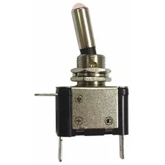 Single-pole single-throw (SPST) on/off toggle switch with silver actuator and black stem. Features an amber LED indicator for illuminated status. Panel-mount design with three 1/4 in male terminals. Suitable for controlling electrical accessories in automotive systems.