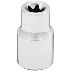 This 3/8" drive external Torx hand socket is designed for tightening or loosening E10 Torx fasteners. It features a chrome finish for corrosion resistance and a standard length with an overall length of 1-1/4 inches. Commonly used in automotive repair, machinery maintenance, and assembly work.