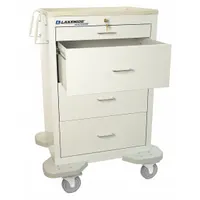 This LAKESIDE medication-dispensing cart is constructed of steel with a white cabinet and white drawers. It is equipped with two swivel casters and two swivel casters with brakes, allowing for mobility and secure positioning. Typical applications include organizing and transporting medications in healthcare settings such as hospitals and clinics