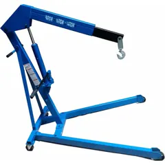 Steel-framed engine crane with mechanical lift actuator. Available in load capacities of 0.25 ton, 0.5 ton, and 0.75 ton. Blue finish. Used for lifting and positioning engines and heavy machinery in automotive repair, industrial maintenance, and workshop environments.