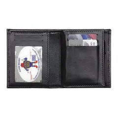 Black leather badge holder measuring 2-3/4 in x 2-3/4 in. Designed to hold and display ID badges, access cards, or security credentials. Commonly used in industrial facilities, offices, and plants for personnel identification and access control.