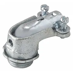 This 90° squeeze connector is used to terminate flexible metal conduit to a box or enclosure, providing a secure, vibration-resistant connection. Made of iron, it is non-insulated and suitable for grounding continuity. The squeeze design allows for quick installation without disassembly. cULus Listed.