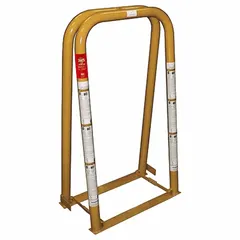 This tire inflation cage is designed for OTR (off-the-road) tires, providing a safety enclosure during inflation. It features a 2-bar cage construction, weighs 69 lb, and has an overall height of 52 inches with a base length of 27 inches. Used in fleet maintenance and industrial settings to contain tire and rim assemblies, reducing risk from explosive failures.