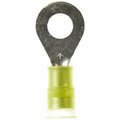 Nylon-insulated ring terminal rated for 1000 V. Accepts 12 AWG to 10 AWG wire and fits a 1/4 in stud. Suitable for secure electrical connections in control panels, machinery, and power distribution applications.