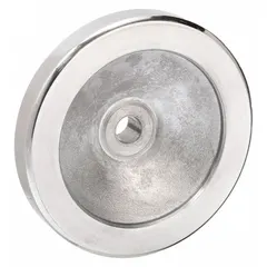 Solid hand wheel made of aluminum with a zinc-plated finish. Features a 140 mm diameter and a 5/8 in bore. Used for manual valve actuation, machine tool adjustments, and positioning controls in industrial machinery.