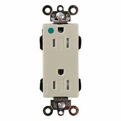 This LEVITON Decora hospital grade duplex receptacle is rated 125V AC, 15A, with a 5-15R configuration and 2-pole/3-wire grounding. It features an ivory finish and is designed for use in healthcare facilities, laboratories, and commercial settings where reliable power is required.