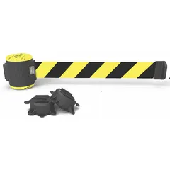 This magnetic-mount retractable belt barrier features a 30 ft belt with a black/yellow pattern. The black housing and magnetic base allow quick attachment to ferrous metal surfaces without tools. Used for temporary pedestrian guidance, crowd control, or hazard delineation in industrial and public settings.