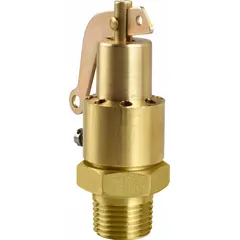 This ASME Section VIII steam pressure relief valve features a brass body with 3/8 in MNPT inlet and 3/8 in vented outlet. It is set to open at a maximum operating pressure of 214 psi, providing overpressure protection for steam boilers, pressure vessels, and piping systems.