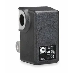 Diaphragm-type pressure switch for controlling compressor motor start/stop based on system pressure. Standard range 40-175 psi with ON at 140 psi and OFF at 175 psi. Features four 1/4" NPT ports for installation in industrial air systems.