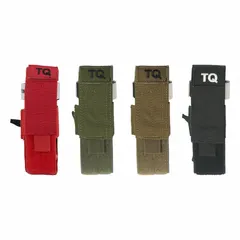 Red nylon holder designed to secure a field-use arterial tourniquet for rapid access. Overall length 6 1/2 in, width 2 in. Suitable for industrial first aid kits, emergency response, and tactical medical applications.
