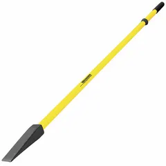 Hexagon-shaped digging bar with a wedge end for breaking hard soil, rock, or concrete. The 1 1/8 inch bar diameter and 1 9/16 inch end width concentrate force for prying and splitting. Black handle finish. Suitable for construction, landscaping, and excavation tasks.