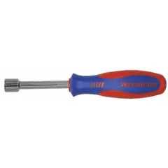 This standard nut driver has a 3/8-inch SAE tip size and a straight, round hollow shank. It is not magnetized. The hollow shank accommodates long threaded rods, making it suitable for assembly, maintenance, and repair tasks where clearance is needed.