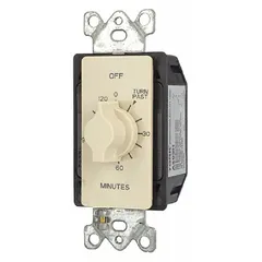 Spring-wound mechanical timer with SPDT switch rated for 125V AC. Timing range from 10 minutes to 2 hours. Ivory finish, no wall plate included. Suitable for automatic on/off control of lighting, fans, or other electrical loads in commercial or industrial spaces.