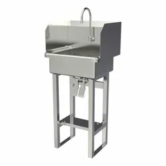 This one-station freestanding hand sink with faucet is constructed from 16 ga material and features a 17 in bowl length and 7 in bowl depth. The unit has a 0.5 gpm flow rate and does not include a side splash. Suitable for commercial hand-washing applications in facilities requiring a dedicated hygiene station.