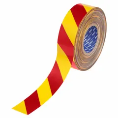 This extra-durable floor marking tape features a red/yellow striped pattern for caution indication. The 22 mil thick polyester backing provides resistance in high-traffic areas. Suitable for marking safety zones, walkways, and hazard areas in industrial facilities.