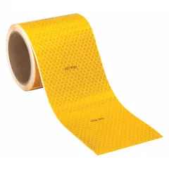 Fluorescent yellow reflective tape with acrylic adhesive, 4 inches wide by 50 yards long. Designed for safety marking on rail cars, providing high visibility for rolling stock.