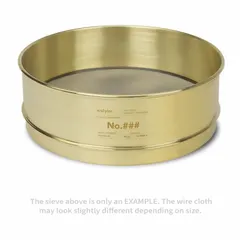 Brass-framed test sieve with stainless steel cloth screen, 12 in outside diameter, 4 1/4 in height, US Standard #5 mesh. Meets ASTM E11 standards. Used for particle size analysis and material classification in laboratory and industrial quality control applications.