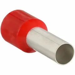 Insulated ferrule for terminating a single stranded wire into a terminal block. Accommodates up to 8 AWG wire. Features red polypropylene insulation and a 0.2 in ferrule diameter. Used in industrial control panels and electrical distribution equipment to prevent wire fraying and ensure a secure connection.