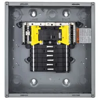 100 A main breaker load center for 120/240V AC, 1-phase systems. Provides 12 spaces and accepts up to 12 tandem breakers. Rated 22 kA short circuit current. Includes combination flush/surface cover for indoor use. Suitable for residential and light commercial electrical distribution