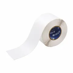 Continuous label roll for thermal transfer printing, 4 inches wide by 300 feet long. Made of white gloss polyester with halogen-free properties, rated for outdoor use. Compatible with i7100 printer series. Typical applications include asset identification, pipe marking, and safety labeling in industrial environments.