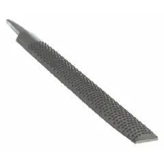 This half-round wood rasp features a single edge cut with 6.5 teeth per inch and an 8-inch file length. Its tapered point and half-round profile allow for shaping and smoothing wood on both curved and flat surfaces. Suitable for general woodworking tasks such as contouring, deburring, and refining wooden workpieces.