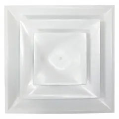 Ceiling-mounted square cone diffuser for HVAC supply air distribution. Lay-in panel measures 23 3/4 inches square with a 10-inch duct connection. Constructed of plastic with a white finish. Non-insulated with non-adjustable blades.