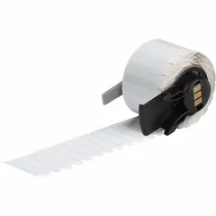 Precut label roll made of white gloss polyimide, measuring 1/4 in x 1 in. Rated for extreme temperatures from -112°F to 572°F. Compatible with BMP71 printer using Media Adapter. Used for industrial labeling in harsh environments such as circuit board and wire marking.