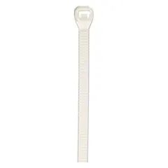 Natural nylon cable tie with 0.12 in width, 4.5 in length, and 1 in maximum bundle diameter. Suitable for indoor bundling and organizing wires and cables in control panels, equipment racks, and general electrical installations. Pack of 100. Not rated for outdoor use.