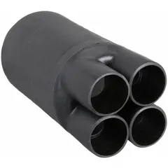 This black heat shrink breakout boot is used to seal and protect cable splices and terminations where multiple cables branch from a single jacket. It provides environmental sealing and strain relief in electrical and telecommunications installations. The boot has an inner diameter of 1.25 inches before shrinking and 0.8 inches after shrinking.