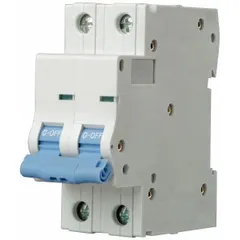 This 2-pole supplementary protector is rated for DC circuits only, with a voltage rating of 440V DC and a maximum interrupting rating of 10kA at 440V DC. It features a B curve trip characteristic and screw clamp terminals. The device is UL1077 recognized and mounts on a DIN rail, suitable for overcurrent and short-circuit protection in DC applications such as control panels and machinery.