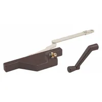 This right-hand window operator is designed for casement windows, mounting on the sash. It includes a crank handle and features a brown bronze-coated finish. The base length is 5 1/2 inches. Suitable for residential and light commercial applications