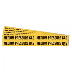 Adhesive pipe marker with yellow background and black legend text reading 'Medium Pressure Gas'. Fits pipe outer diameters from 3/4 to 2-3/8 inches. Supplied without directional arrows. Sold in packs of 5. Used for identifying medium-pressure gas lines in industrial piping systems.
