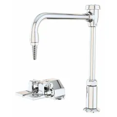 This single-post laboratory faucet from INSTOCK features a chrome finish and foot-pedal handle for hands-free operation. It has two handles, one outlet with 'H' index text, and an IPS inlet connection. Designed for cold or hot water media, it is suitable for use in laboratories, cleanrooms, and industrial workstations where contamination control is important.