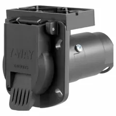 This plastic dust cover is designed for vehicle-side 7-way electrical connectors used in towing applications. It protects the plug from dirt, moisture, and debris when not in use, helping to maintain reliable electrical connections for trailer lighting and brake systems.