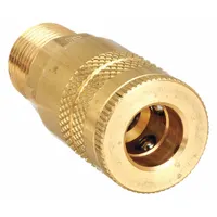 Brass quick-connect coupling body for pneumatic systems. Features a 3/8"-18 thread size and 3/8" male hose fitting. Sleeve locking type provides secure connection. Used to connect air tools, hoses, and compressors in maintenance and production applications