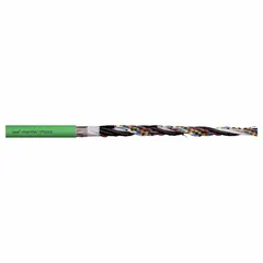 This continuous flexing data cable features 17 AWG, 4 copper twisted-pair conductors with a TPR jacket rated at 300 V. It is designed for use in cable carriers (energy chains) in industrial automation and robotics, offering oil and grease resistance. The cable supports bend radii of 4 x OD, 5 x OD, and 6.8 x OD, with CF9.15.07 ISO Class 1 outer jacket material.