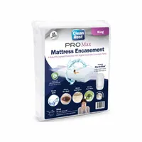 King-size waterproof mattress encasement with polyurethane cover and polyester-blend pad. Fits mattresses up to 15 inches deep. Used in hospitality, healthcare, and residential settings to protect against spills, allergens, and dust mites
